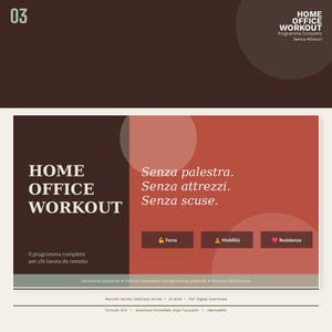 Può includere: Un design grafico digitale con il testo "HOME OFFICE WORKOUT". L'immagine include le frasi "Senza palestra. Senza attrezzi. Senza scuse." e icone per Forza, Mobilità e Resistenza. Il design utilizza toni marroni e rossi.