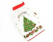 Vintage Christmas Apron - Greetings w/ Xmas Tree, Shiny Brites Presents Stockings, Snowflakes - Red Green Gold Half Apron by Parisian Prints