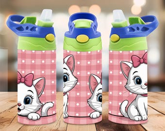 Cute Kitten 12oz Tumbler Wrap PNG, Pink Gingham Cat Kids Tumbler Design, White Kitty Wine Tumbler Sublimation
