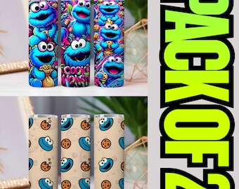Pack of 2 Cookie Monster Tumbler Wrap | 20oz Sublimation Design | Fun and Colorful PNG for Tumblers & Crafts
