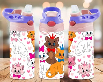 Aristocats 12oz Tumbler Wrap PNG, Cute Cartoon Cat Kids Tumbler Design, Pink Hearts Wine Tumbler Sublimation