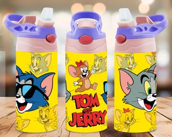 Diseño PNG de vaso térmico de Tom y Jerry de 355 ml, divertido diseño de vaso térmico infantil con gato y ratón de dibujos animados, sublimación de vaso térmico amarillo para vino