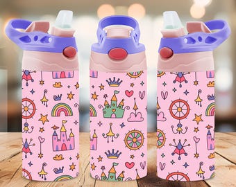 Princess Castle 12oz Tumbler Wrap PNG, Pink Fairytale Kids Tumbler Design, Cute Rainbow Wine Tumbler Sublimation