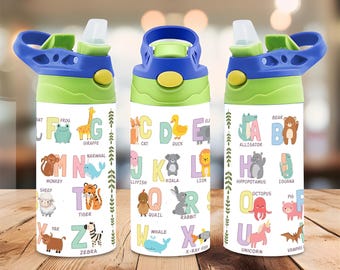 Animal Alphabet 12oz Tumbler Wrap PNG, Kids ABC Learning Tumbler Design, Cute Zoo Wine Tumbler Sublimation