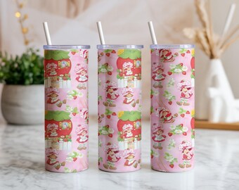Pack of 2 Sweet Strawberry Girl 20oz Tumbler Wrap PNG | Cute Berry Cottage Sublimation Design | Pink Retro Skinny Tumbler Digital Download