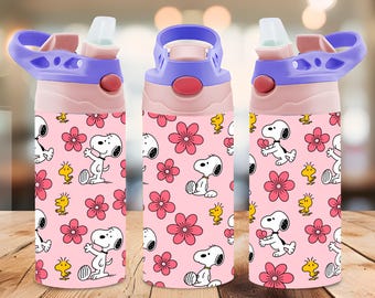 Diseño PNG de vaso térmico Snoopy de 355 ml, diseño de vaso infantil con perro de dibujos animados y flores rosas, diseño de vaso térmico para vino con sublimación.
