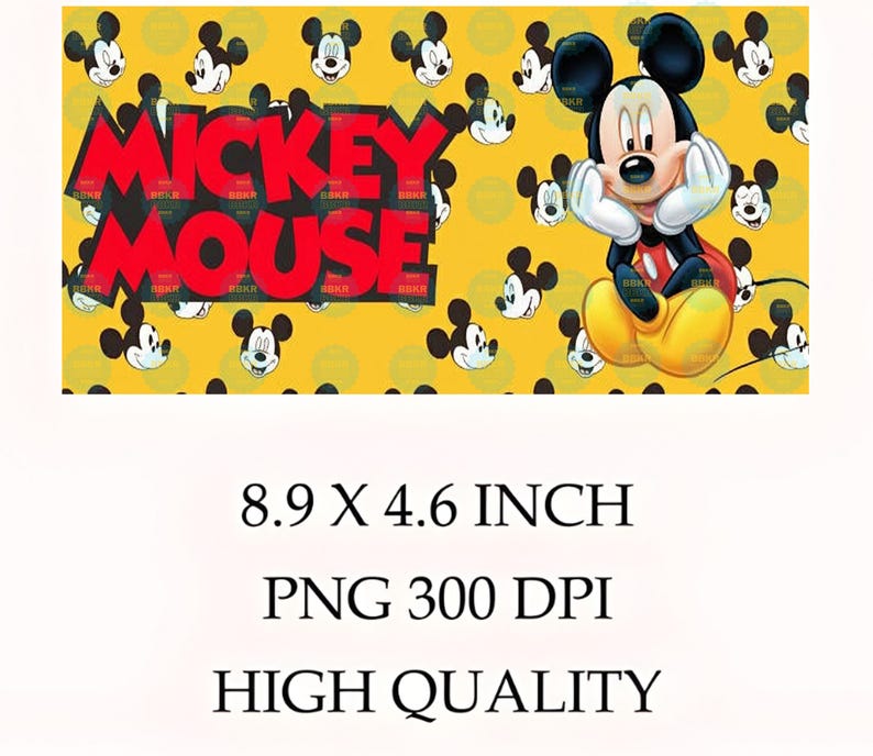Puede incluir: Un archivo gr&aacute;fico digital con un fondo amarillo y un patr&oacute;n repetitivo de cabezas de Mickey Mouse. El texto MICKEY MOUSE aparece en letras rojas en negrita. La imagen incluye una gran ilustraci&oacute;n de Mickey Mouse y el texto 8.9 X 4.6 PULGADAS.