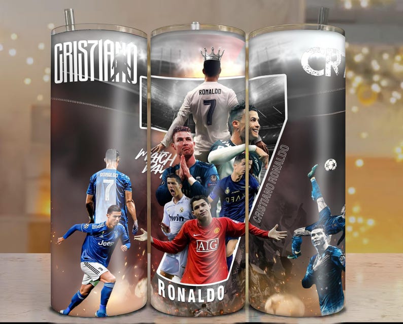 May include: A stainless steel tumbler featuring a collage of images of Cristiano Ronaldo in various soccer poses and uniforms. The tumbler has the name "CRISTIANO" and "RONALDO" printed on it, with the number "7" prominently displayed.