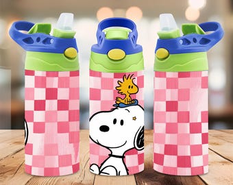 Snoopy 12oz Tumbler Wrap PNG, Pink Checker Cartoon Dog Kids Tumbler Design, Woodstock Wine Tumbler Sublimation