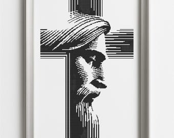 Könnte beinhalten: Schwarz-weiß Kreuzstichmuster von Jesus am Kreuz, gerahmt in einem silberfarbenen Rahmen. Oben steht "JESUS CROSS STITCH". Das Bild enthält den Text "DIGITAL DOWNLOAD - PDF ONLY".