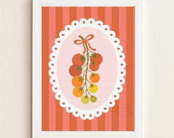 Vintage Tomato Cross Stitch Pattern Retro Kitchen Decor Embroidery PDF Farmhouse Vegetable Needlepoint Red Green Botanical DMC Chart Digital