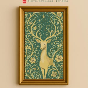 May include: A framed cross-stitch pattern featuring a celestial stag design. The artwork is in a gold frame, with a teal background and gold floral accents. Text at the top reads "CELESTIAL STAG CROSS STITCH". The image is a digital download.