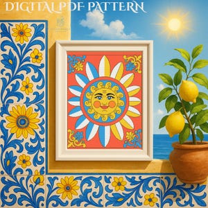 May include: A framed cross-stitch pattern depicting a smiling sun with blue, yellow, and white rays against a red backdrop. The image is set against a backdrop of blue sky, ocean, and a potted lemon tree. The words "DIGITAL PDF PATTERN" are at the top.