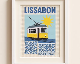 Lisbon Tram Cross Stitch Pattern: Portuguese Tile Embroidery (PDF Pattern)