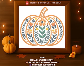Puede incluir: Un patrón de punto de cruz enmarcado con un diseño de calabaza de arte popular. La calabaza es naranja con detalles florales y de hojas en tonos de naranja, amarillo y verde. El texto "FOLK ART PUMPKIN CROSS STITCH" está en la parte superior. Descarga digital.