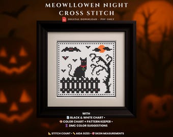 Schwarze Katze Halloween Kreuzstich-Muster: Gruseliger Spuk Zaun (PDF Download)