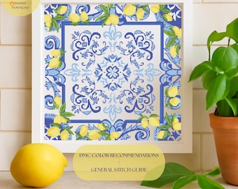 Amalfi Lemon Cross Stitch Pattern PDF | Mediterranean Tile Embroidery