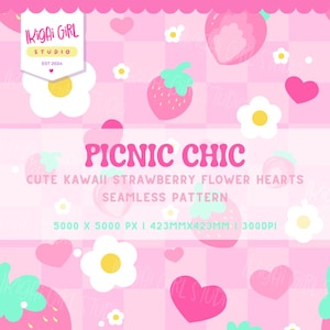 Op de afbeelding: Een roze en wit naadloos patroon met aardbeien, bloemen en harten. De tekst "PICNIC CHIC" is te zien, samen met "CUTE KAWAII STRAWBERRY FLOWER HEARTS SEAMLESS PATTERN". De afbeelding toont ook "IKIGAI GIRL STUDIO EST 2024".