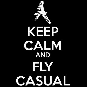 May include: Black background with white text and a white spaceship graphic. The text reads "KEEP CALM AND FLY CASUAL". The spaceship is a stylized, angular design.