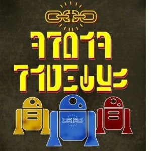 May include: A yellow, blue, and red illustration of three robots with the text "The Force Awakens" and a chain link symbol above the text.