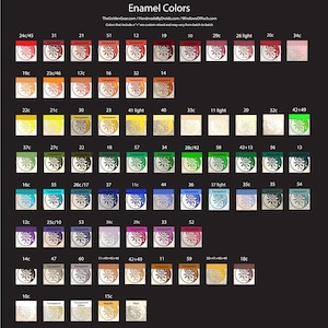 May include: Chart of enamel colors for crafting, showing 60 different colors in small circles with a decorative design.  The GoldenGear.com, HandmadeByDroids.com, and WindowsOfAsch.com websites are listed at the top.
