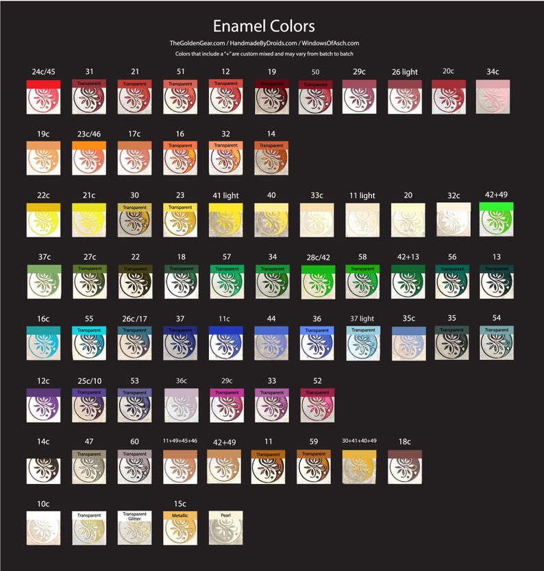 May include: Chart of enamel colors for crafting, showing 60 different colors in small circles with a decorative design.  The GoldenGear.com, HandmadeByDroids.com, and WindowsOfAsch.com websites are listed at the top.