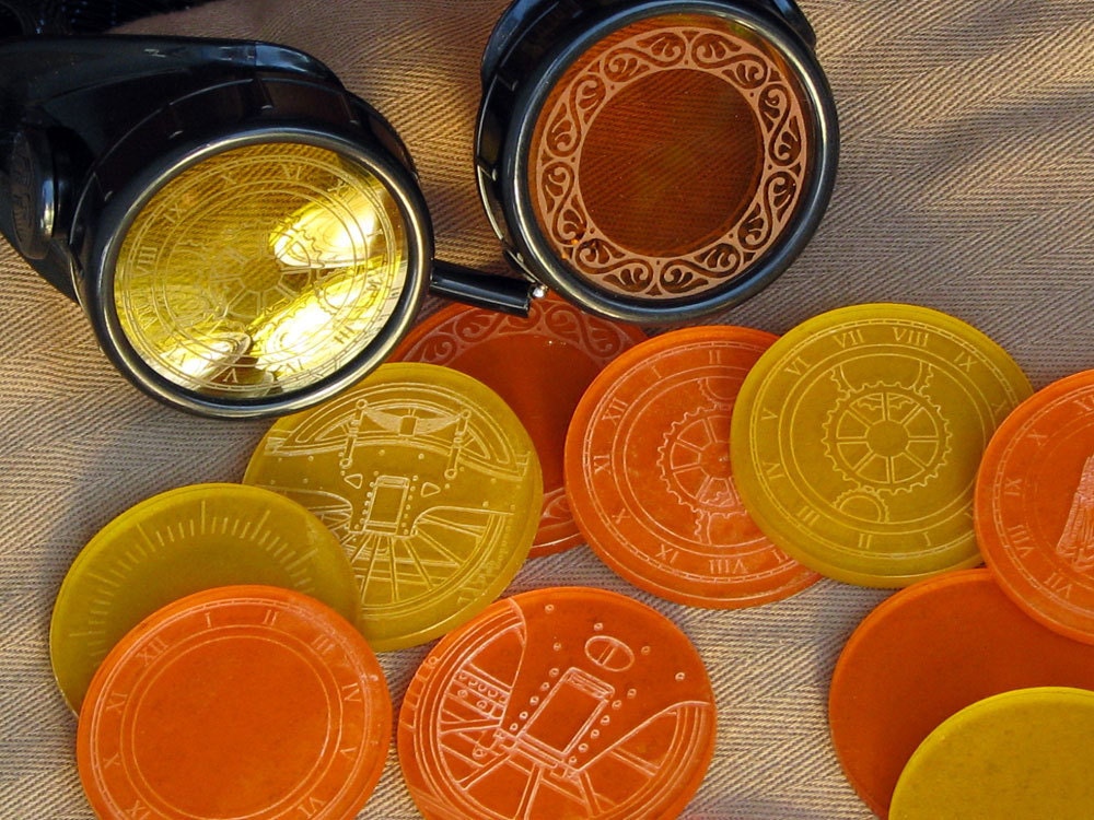 Etched Steampunk Goggle Lenses - 2 50mm Drop-ins