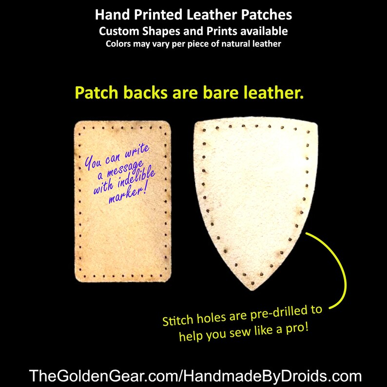 May include: Two leather patches, one rectangular and one shield-shaped, with pre-drilled holes for sewing. The rectangular patch has a message written on it: "You can write a message with indelible marker!"
