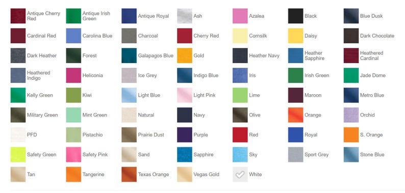 May include: A colour chart with 48 different colour swatches. Each swatch is labelled with a colour name. The colours include red, blue, green, yellow, orange, purple, brown, black, white, and grey.