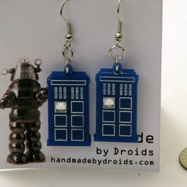 Doctor Who TARDIS Dangle Earrings with rhinestone bling
