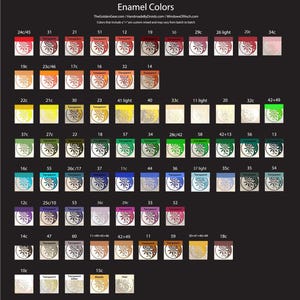 May include: Chart of enamel colors for crafts, showing 60 different colors in small circles. Each circle has a number and some have a letter, such as 12c, 20c, 34c, 42+49, 28c/42, 11+49+45+46, 30+41+40+49. The GoldenGear.com, HandmadeByDroids.com, and WindowsOfAsch.com websites are listed at the top.