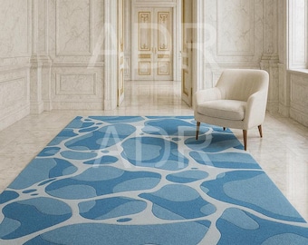 Blue Abstract Area Rug, Modern Luxury Water Pattern Rug Contemporary Designer Carpet Hand Tufted Wool Living Room Rug Artistic Statement Rug