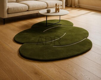 Organic Pebble Shape Wool Rug, Moss Green Hand Tufted Carpet, Modern Biophilic Nature Decor