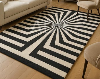 Hand Tufted Wool Rug, Black White Geometric Optical Illusion, Modern Abstract Statement Piece