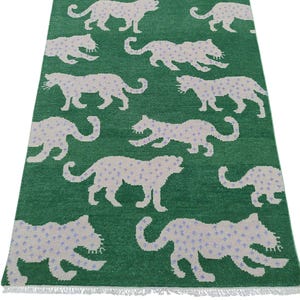 Green Leopard Oushak Rug: Hand-Knotted Wool Carpet, Modern Animal Print