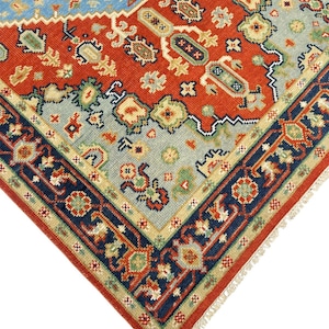 Hand-Knotted Wool Oushak Rug: Orange, Navy, Beige Persian Style