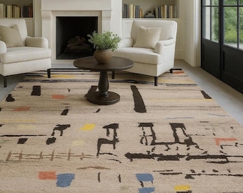 Hand Knotted Wool Abstract Rug, Modern Minimalist Area Carpet with Colorful Accents