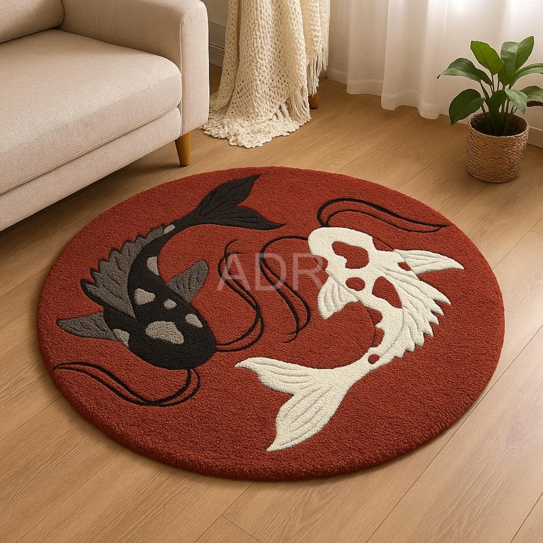 Red Koi Rug Koi Fish Round Area Rug, Japanese Inspired Carpet, Yin Yang Fish Rug ...