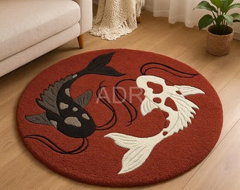 Koi Fish Round Area Rug, Japanese Inspired Carpet, Yin Yang Fish Rug, Modern Artistic Wool Rug, Zen Home Decor Statement Rug