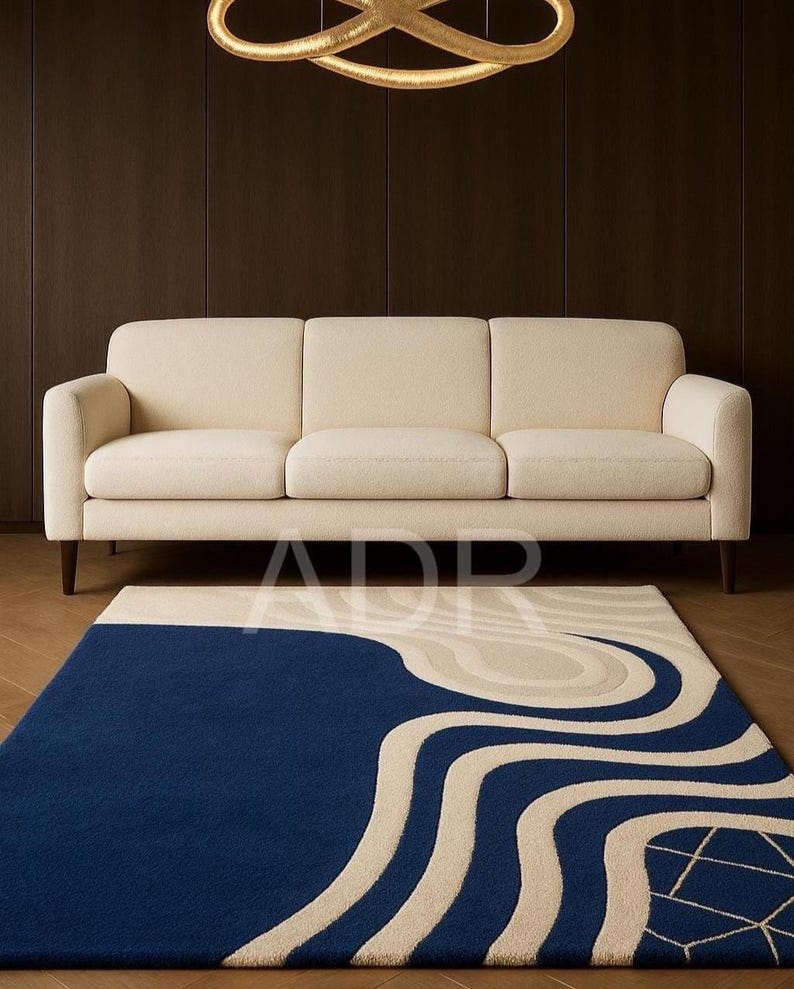 Navy Beige Abstract Wave Wool Rug - Modern Hand Tufted Artistic Carpet ...