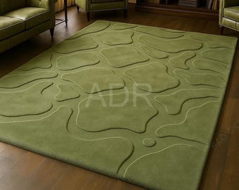 Olive Green Abstract Wool Rug, Hand Tufted Textured Carpet, Modern Minimalist Home