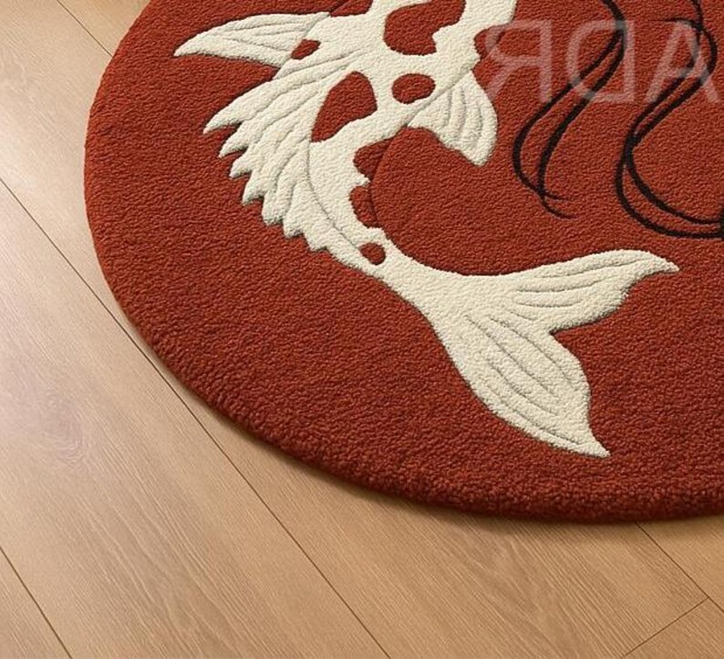 Red Koi Rug Koi Fish Round Area Rug, Japanese Inspired Carpet, Yin Yang Fish Rug ...