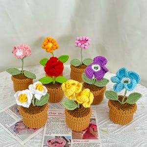 Könnte beinhalten: Eine Sammlung handgefertigter Häkelblumen in kleinen braunen Töpfen. Die Blumen sind in verschiedenen Farben erhältlich, darunter Rosa, Orange, Rot, Lila, Gelb, Weiß und Blau. Jede Blume hat grüne Blätter. Die Töpfe stehen auf einer Zeitung.