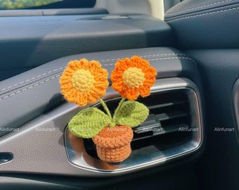 かぎ針編みの花の車の通気口クリップ、ラベンダー、デイジー、イチゴの手作りの車内装飾、ミニ鉢植えの植物、女性向けのかわいい車の装飾、ギフト