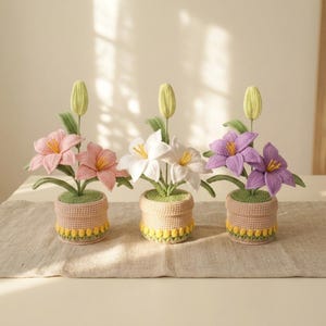 Puede incluir: Tres plantas de lirio tejidas a ganchillo en macetas. Cada maceta es de color beige con un borde decorativo amarillo. Los lirios son rosas, blancos y morados, cada uno con hojas verdes y un capullo cerrado que se extiende hacia arriba.