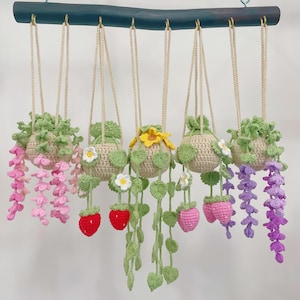 Pode incluir: Uma coleção de vasos suspensos de crochê feitos à mão. Cada vaso bege apresenta folhas verdes e flores coloridas, incluindo rosa, roxo e amarelo. Alguns vasos apresentam morangos vermelhos. Os vasos penduram-se numa barra de madeira.