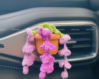 かぎ針編みのラベンダーの車用ベントクリップ、ポトス、スズラン、デイジー、イチゴの手作り車内装飾、ミニ鉢植え植物、かわいい車内装飾