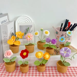 Può includere: Una collezione di fiori all'uncinetto fatti a mano in piccoli vasi marroni. I fiori sono di vari colori, tra cui giallo, rosa, rosso, bianco, viola e blu. I vasi sono disposti su una superficie a scacchi rossi e bianchi.