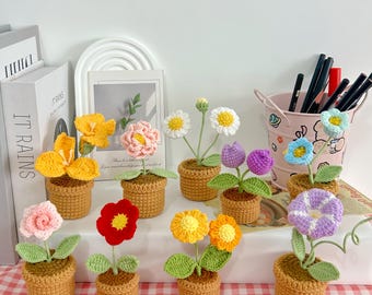 Crochet Flower in Pot,Crochet Rose,Daisy,Tulip,Peony,Lily of the Valley in Pot,Office,Home Table Decor,Birthday,AnniversaryCute Gift for Her