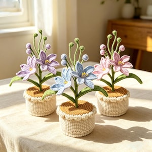 Könnte beinhalten: Drei gehäkelte Blumenarrangements in kleinen Töpfen. Jeder Topf ist beige mit einem gewellten Rand und hält eine braune Basis mit einer gehäkelten Blume in Lila-, Blau- und Rosatönen. Grüne Stiele und Blätter vervollständigen das florale Design.